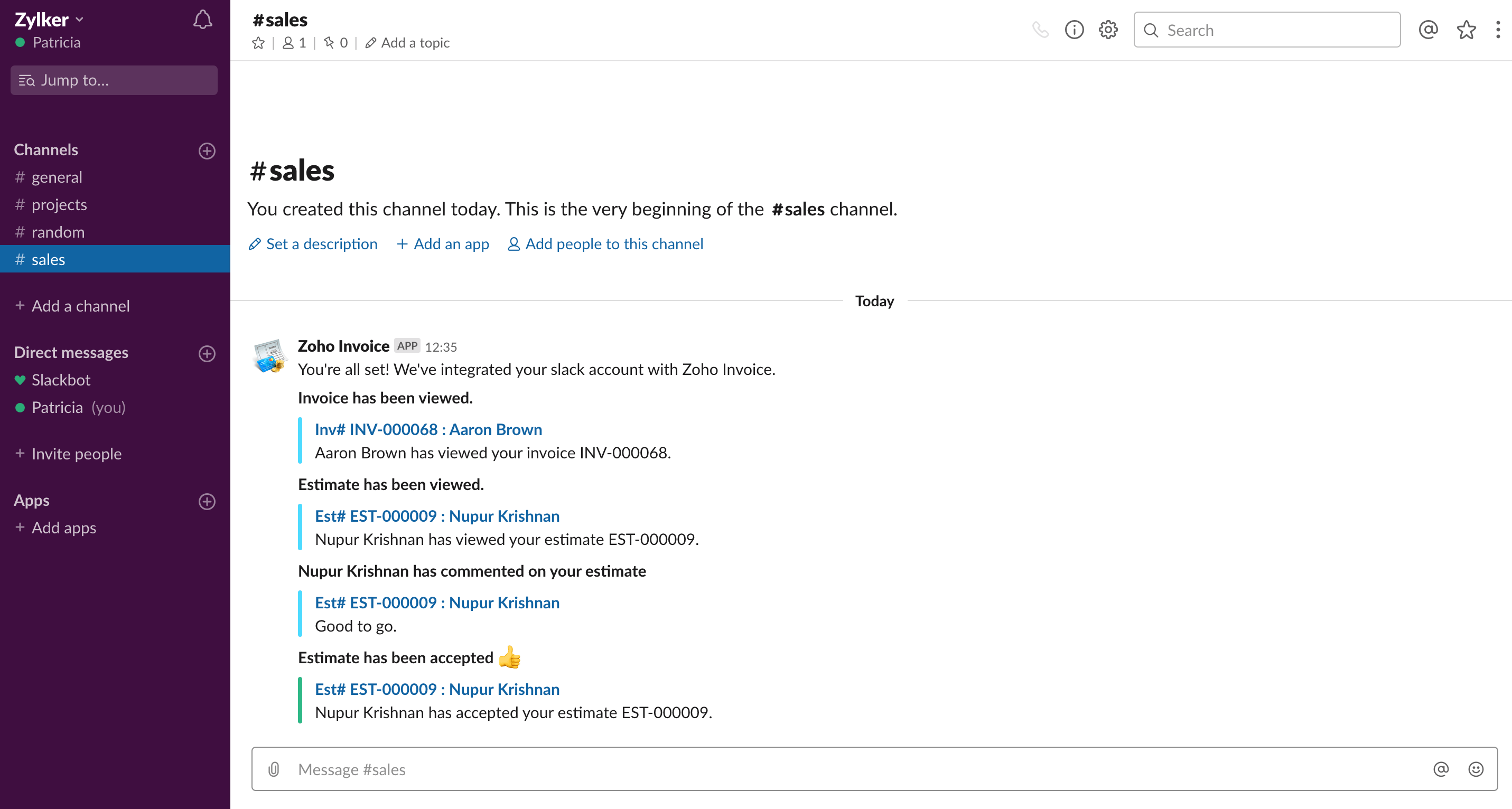 Slack integration view