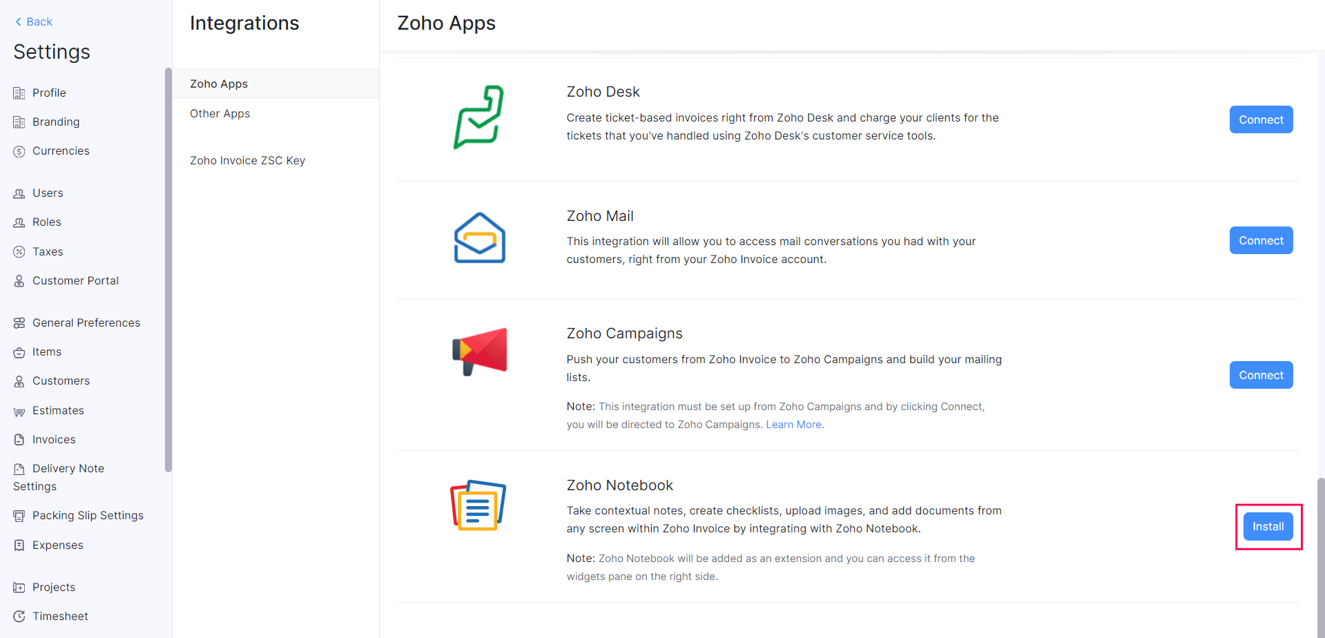 Click Install next to Zoho Notebook