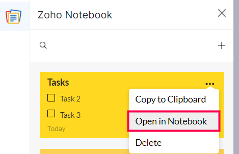 Click Open in Notebook to open the card in Zoho Notebook