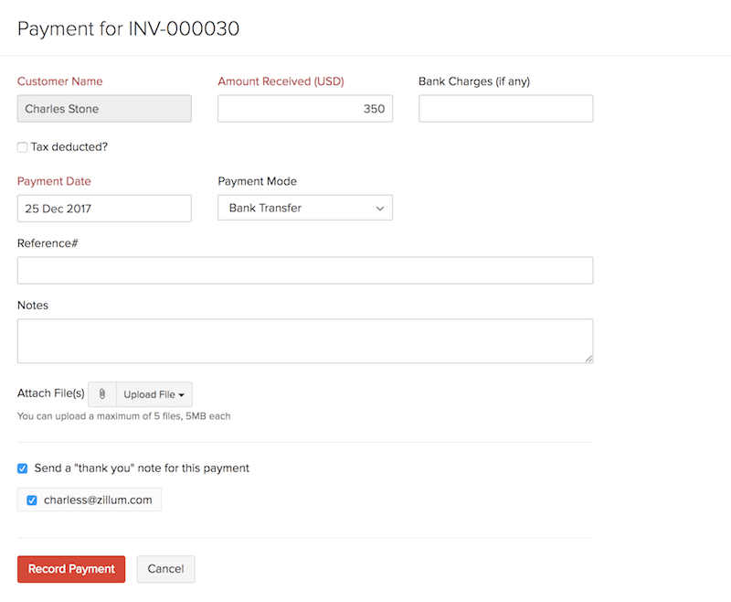 Record Payment for invoice page