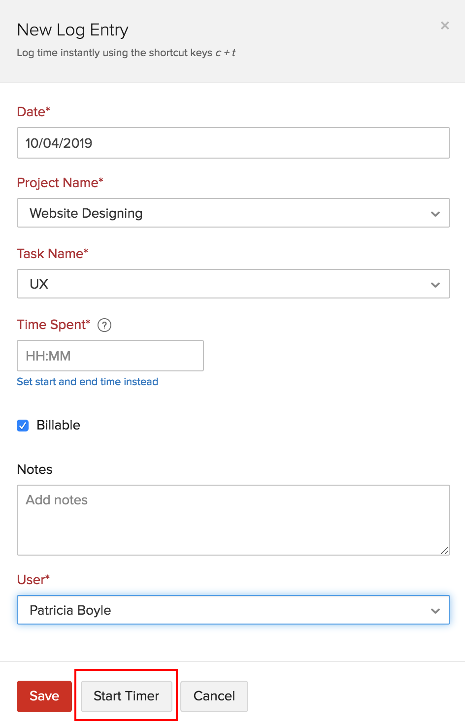 Timesheet Start Timer