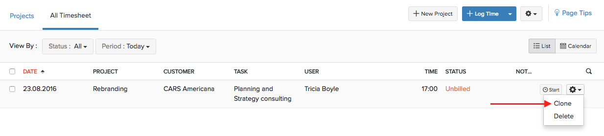 Clone timesheet entry