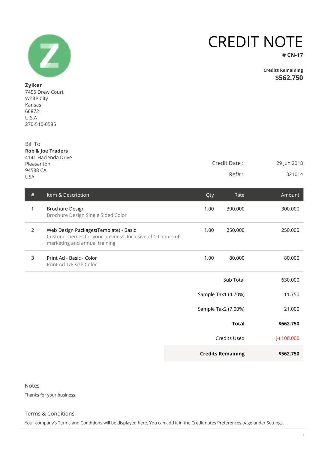 Credit Note Template