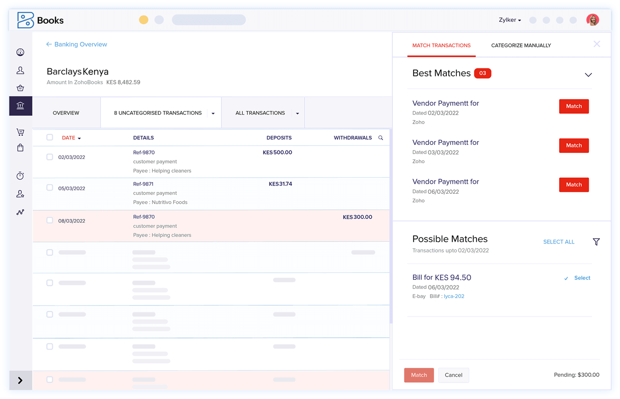 Bank Transaction Matching - Account Reconciliation Software | Zoho Books