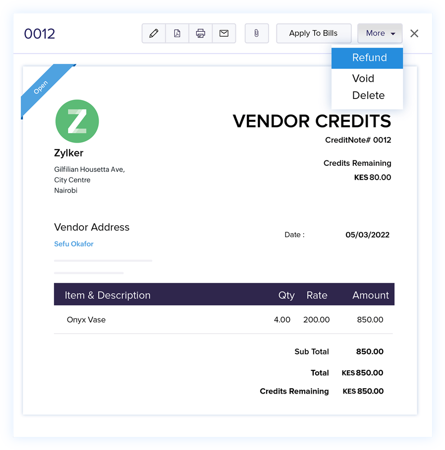 Vendor Credits - Online Billing Management Software | Zoho Books