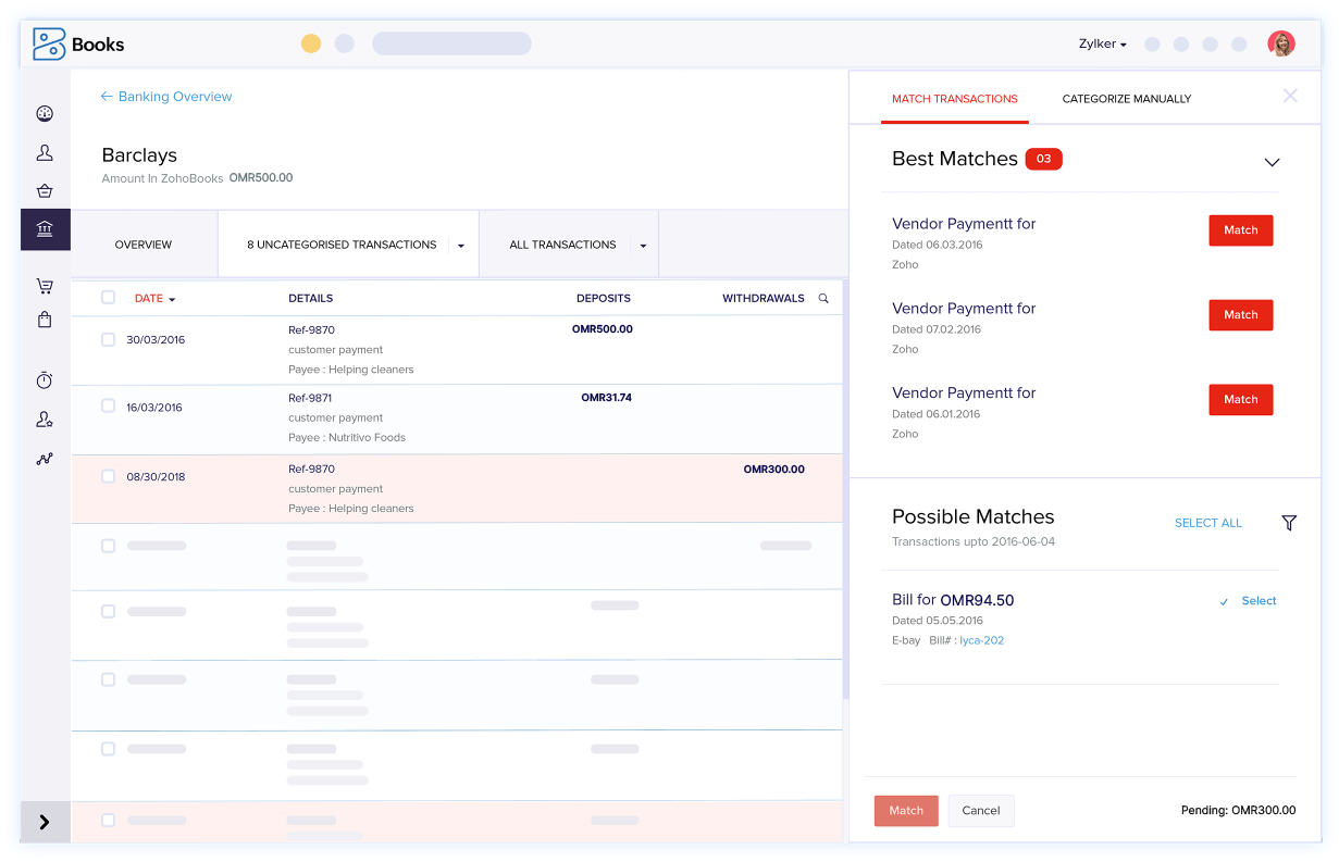 Bank Transaction Matching - Account Reconciliation Software | Zoho Books