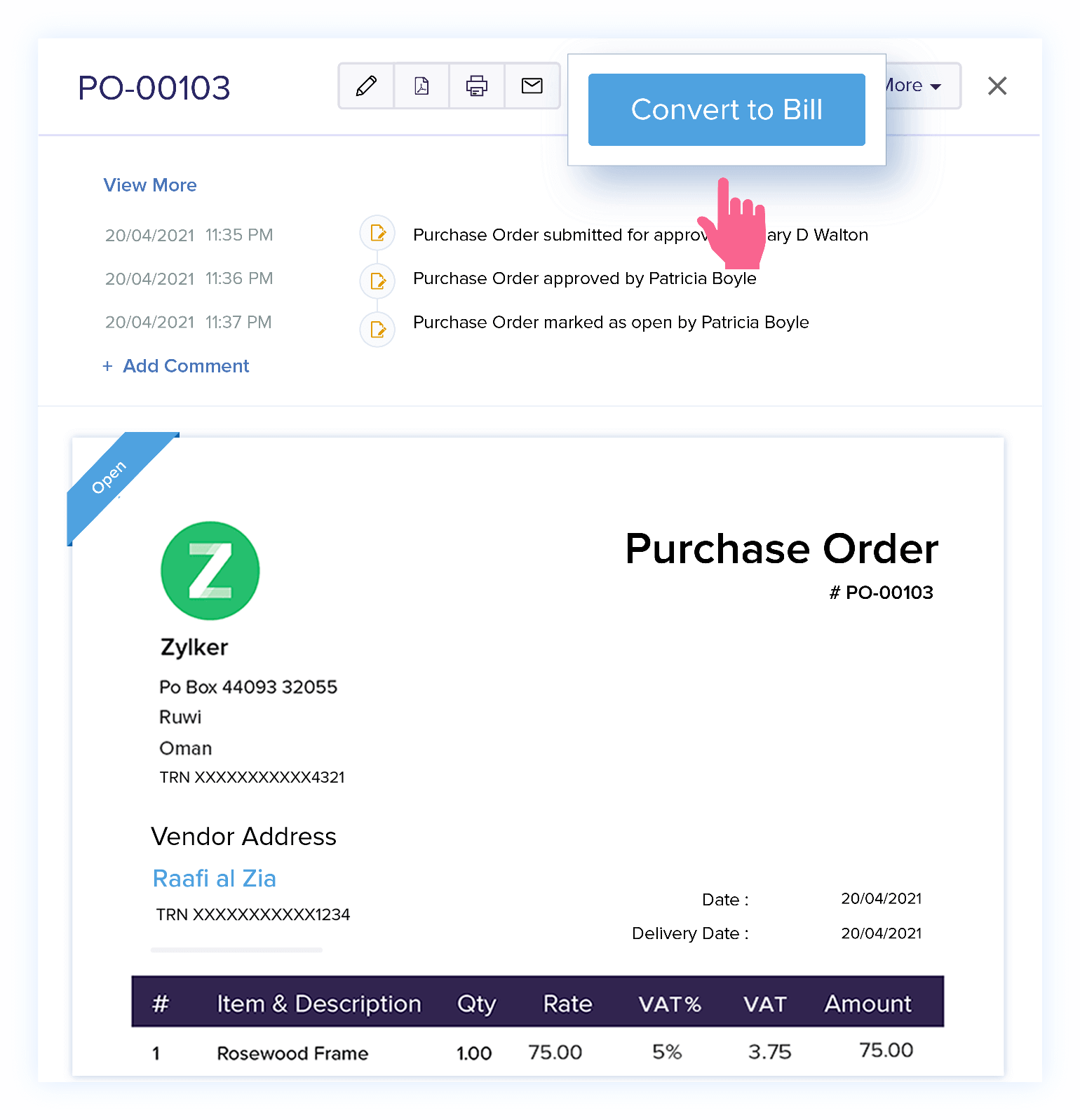 Convert Purchase Orders to Bills - Purchase Order Software | Zoho Books