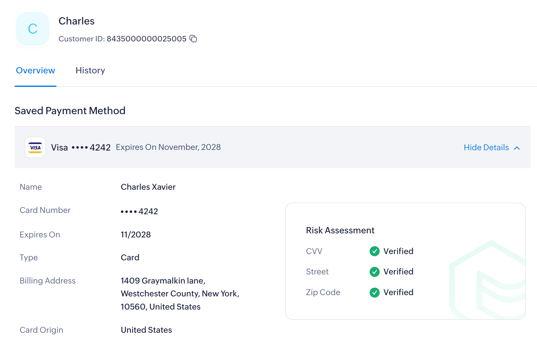 view saved card details of your customer