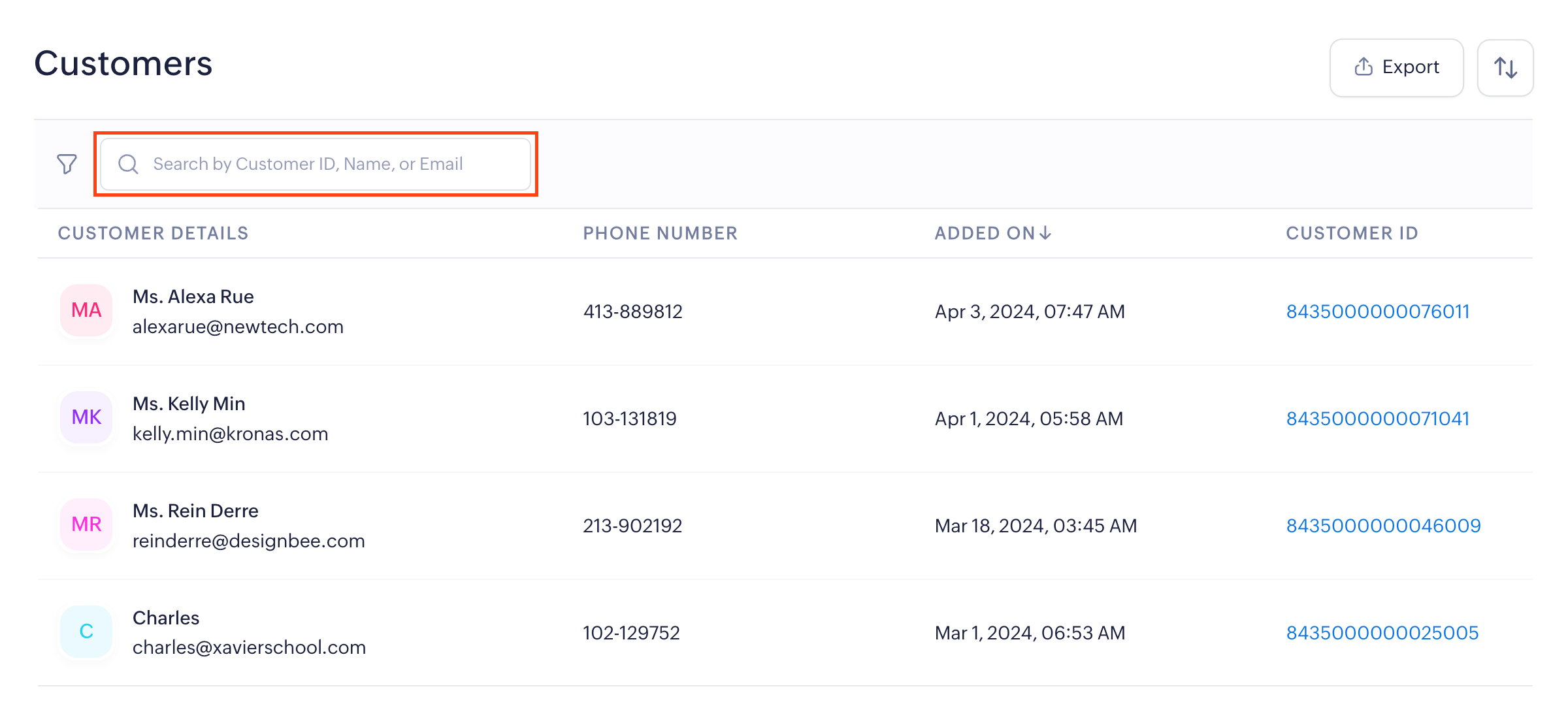 Search Customers by ID, Name, and Email