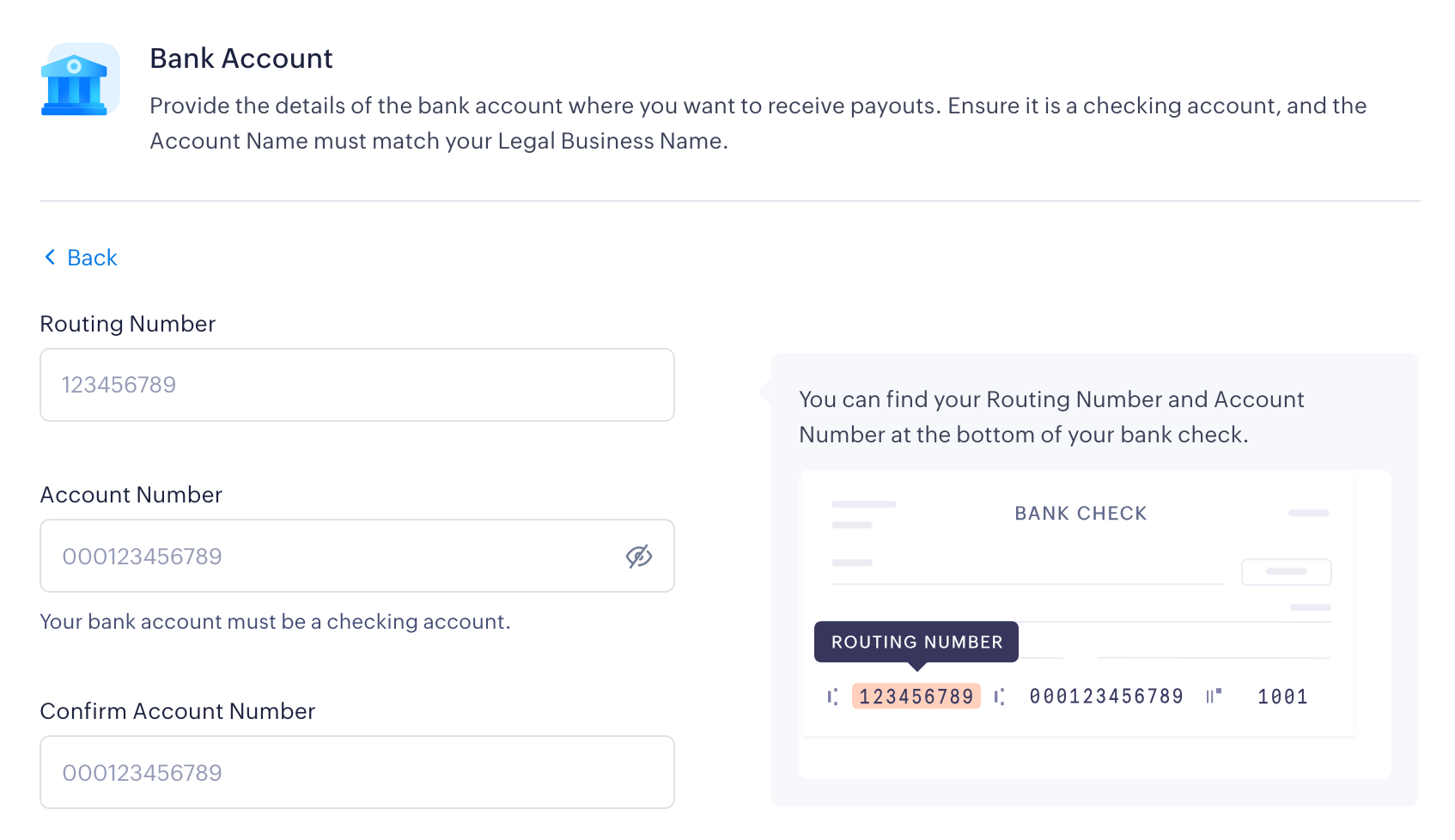 Adding routing and account number while adding bank details