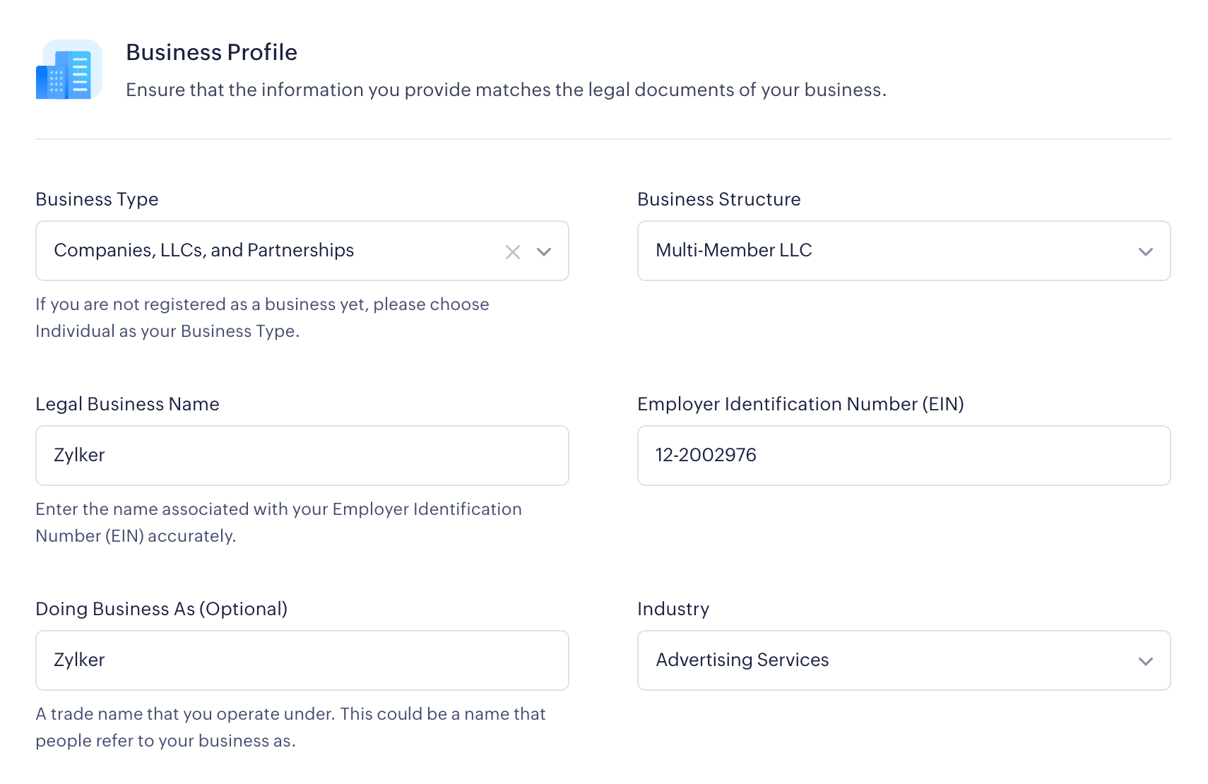 Business type, Business Structure, Legal Business Name