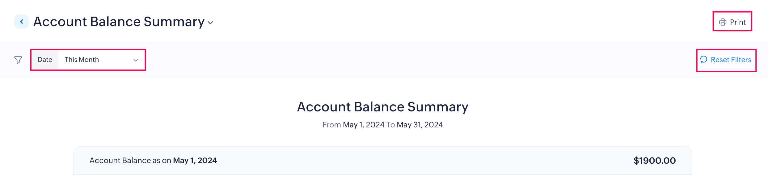 Filter and Print your Account Balance Summary Report