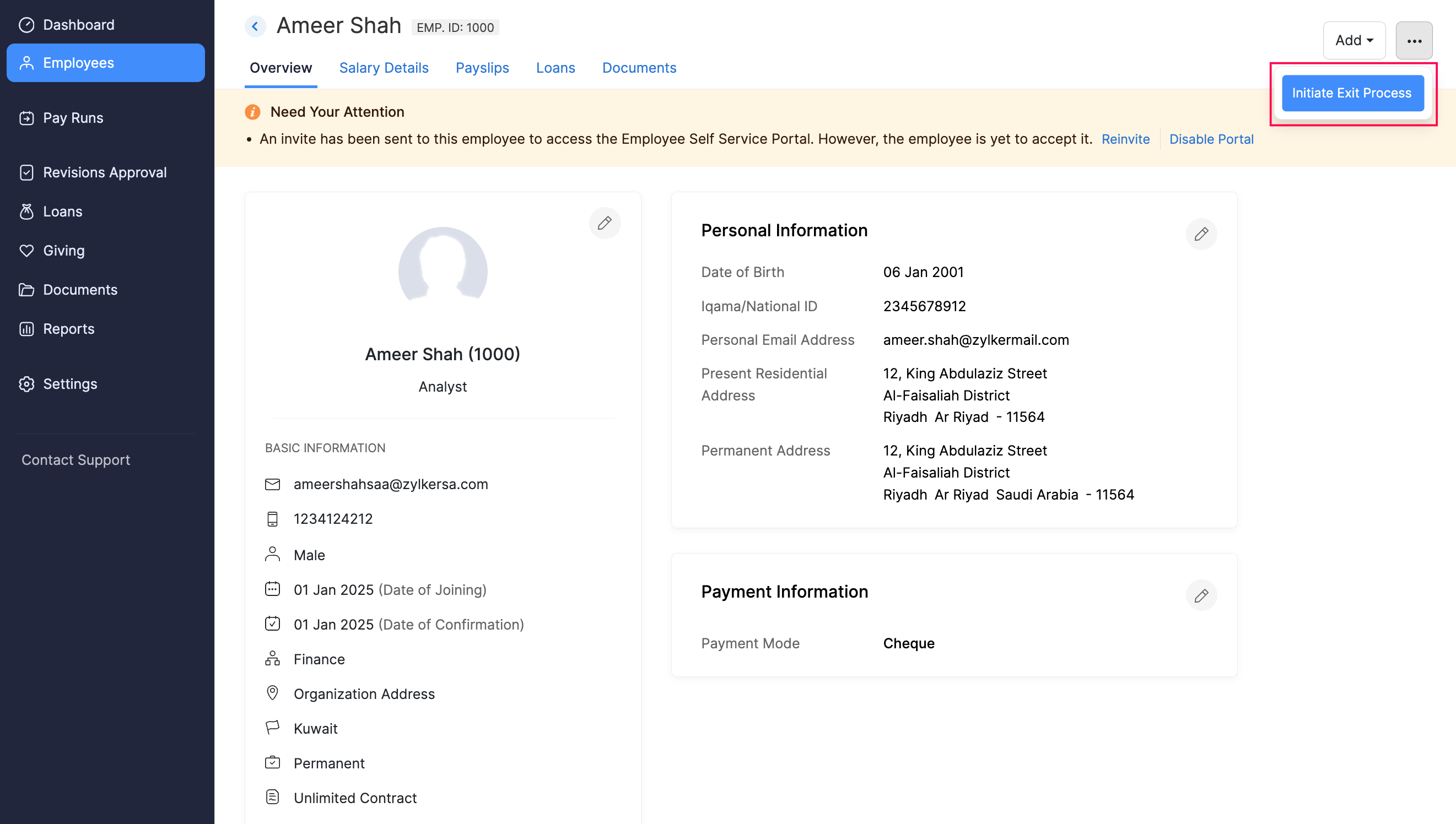 Initate Exit Process Button in Employee Module