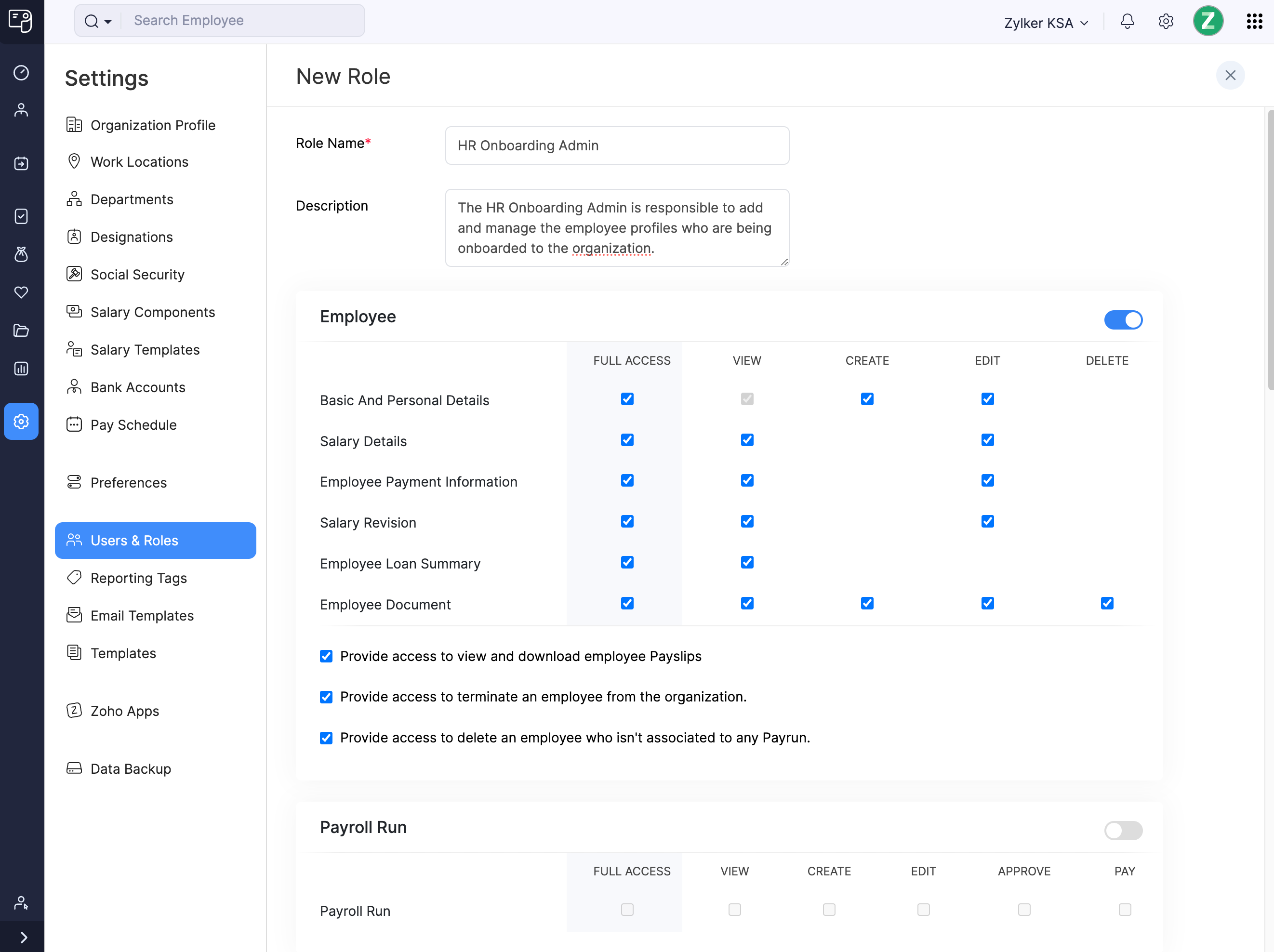Add a New Role in Zoho Payroll