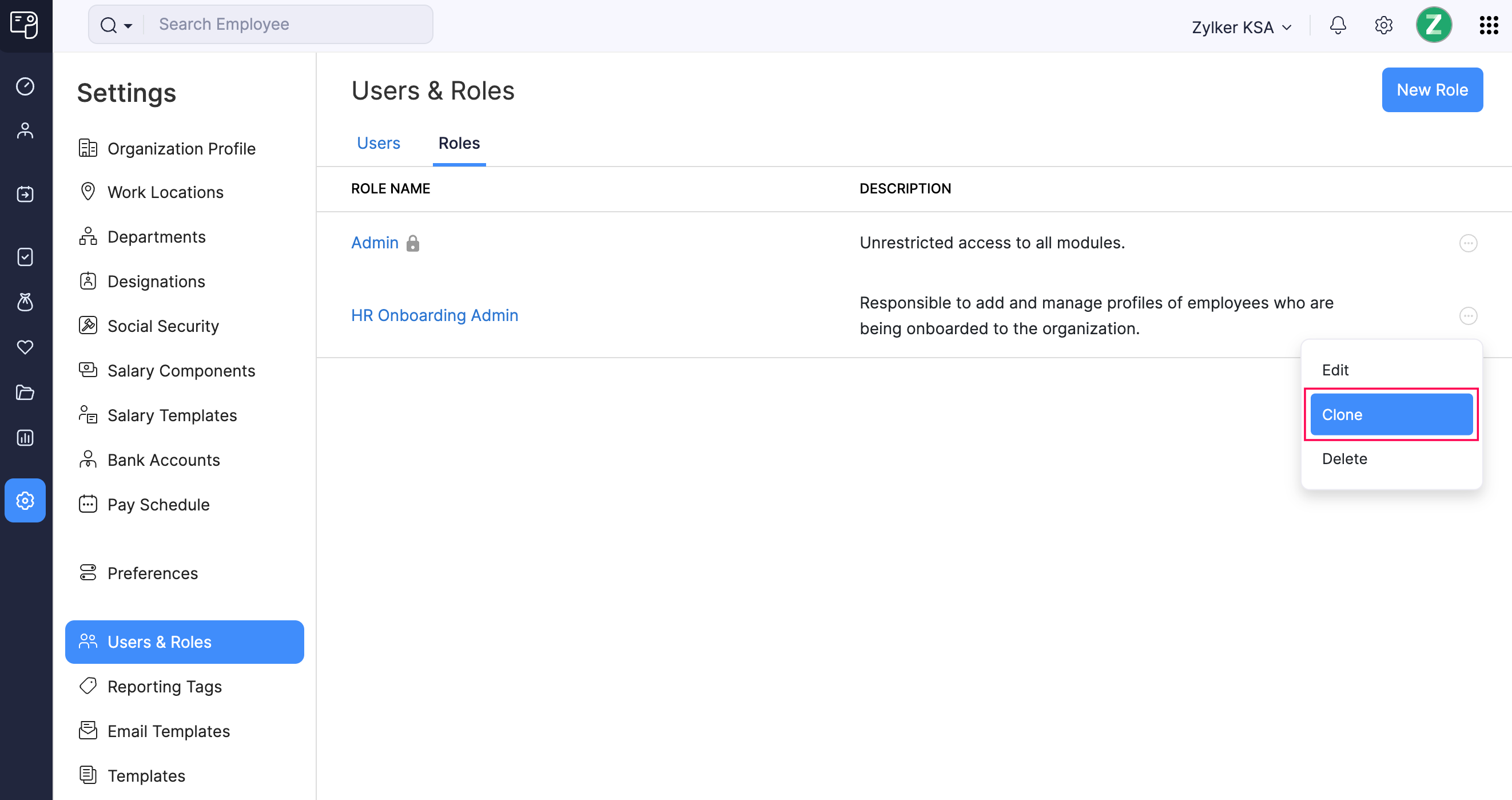 Clone a Role in Zoho Payroll