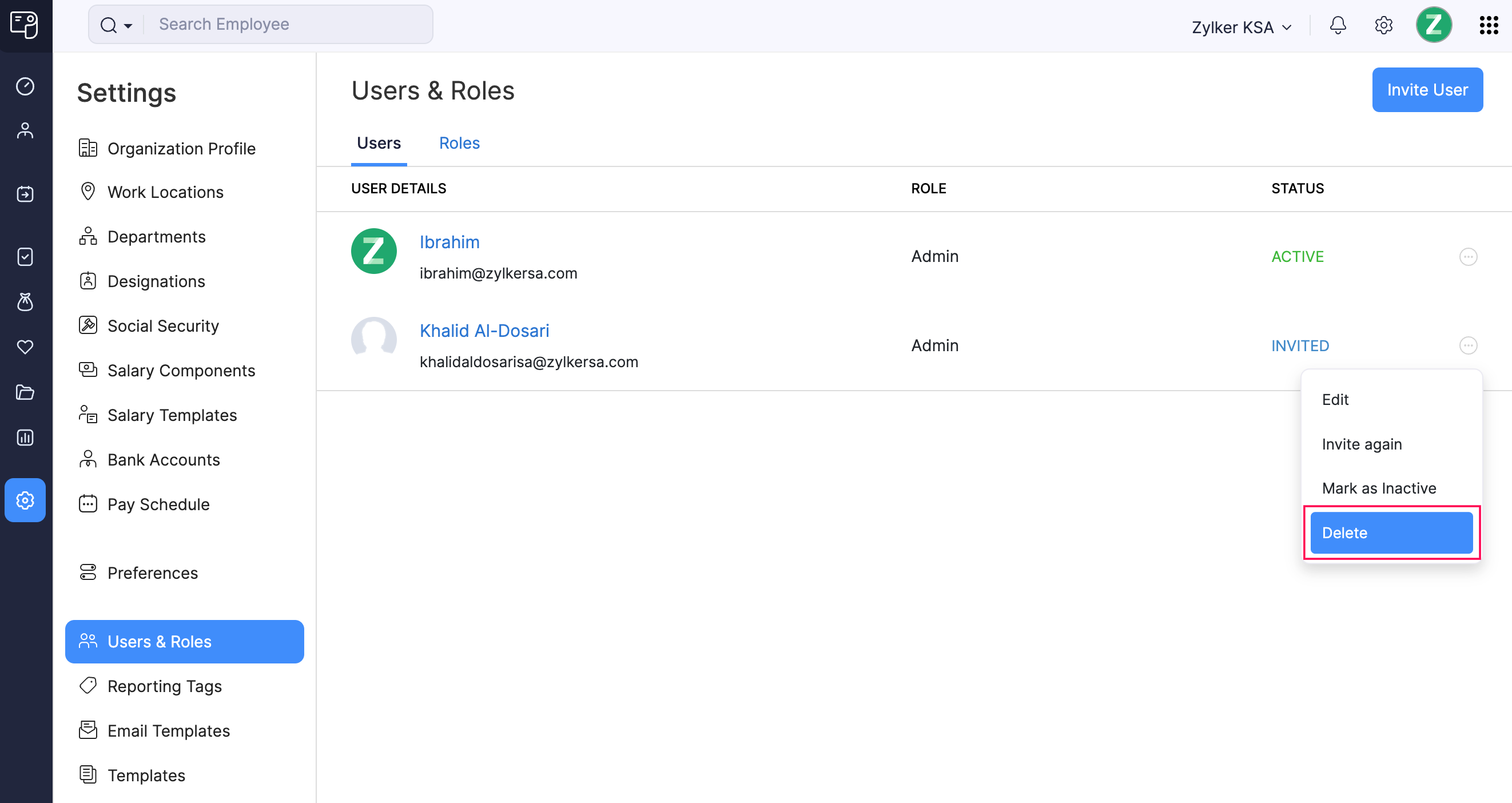 Delete a User in Zoho Payroll
