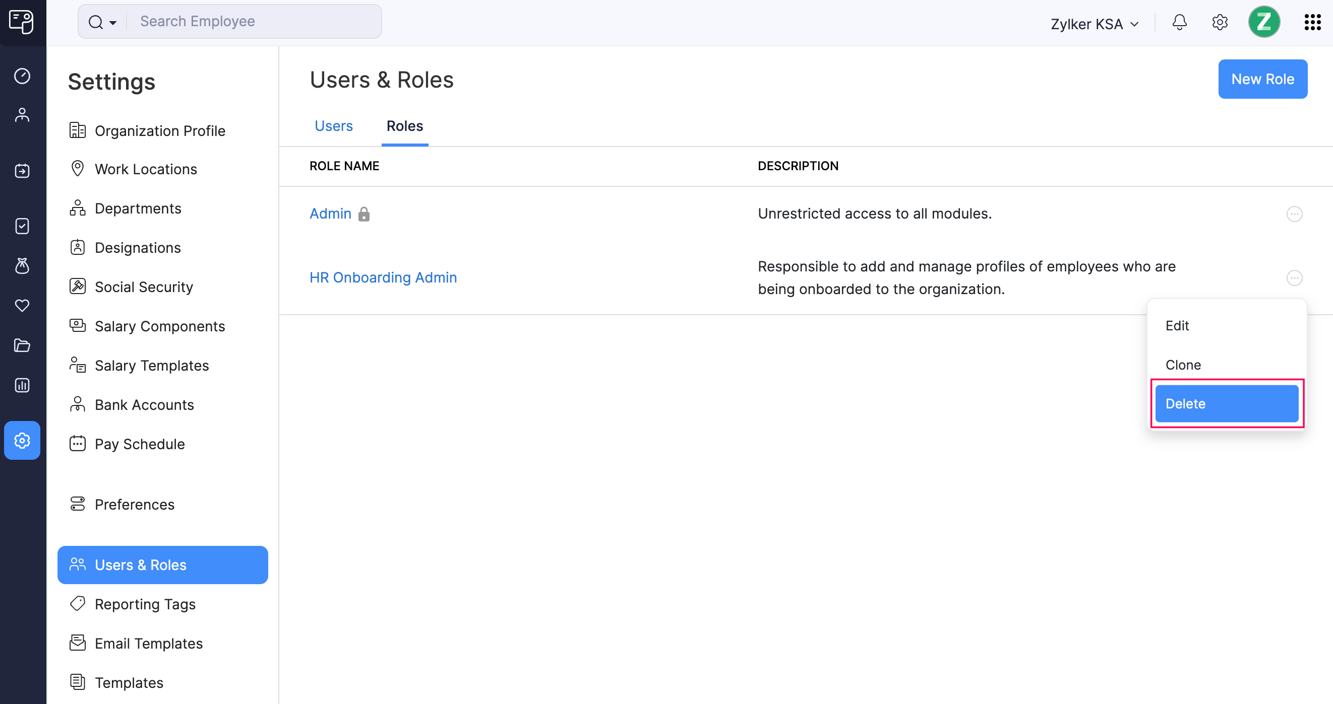Delete a Role in Zoho Payroll