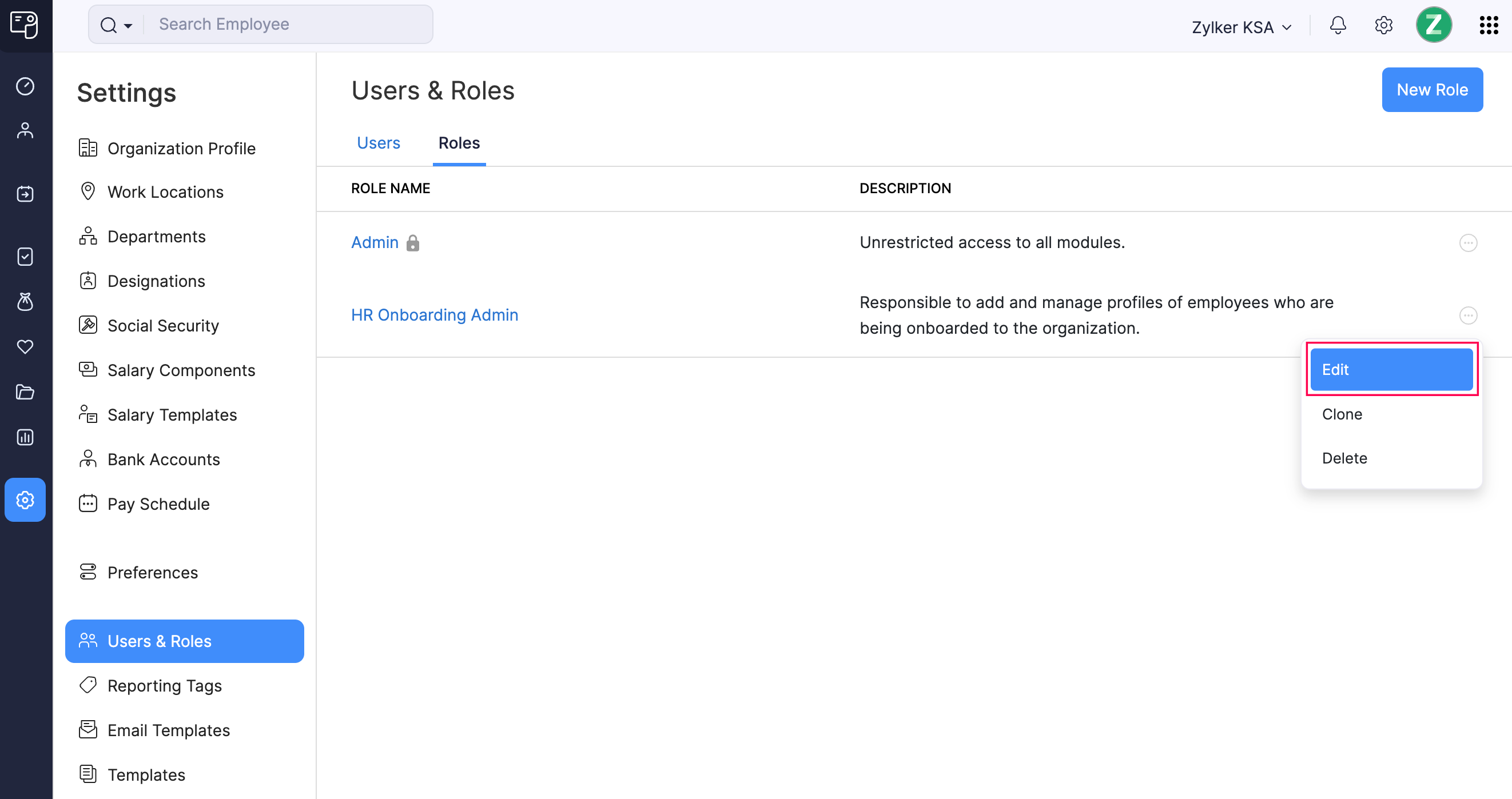 Edit a Role in Zoho Payroll