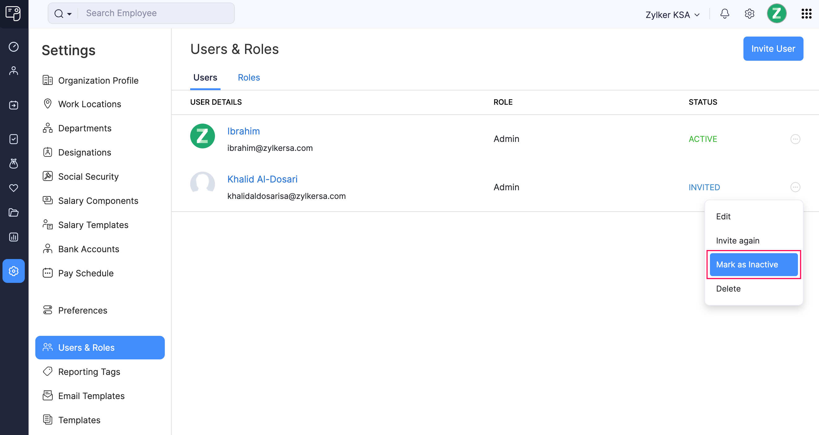 Mark a User as Inactive in Zoho Payroll