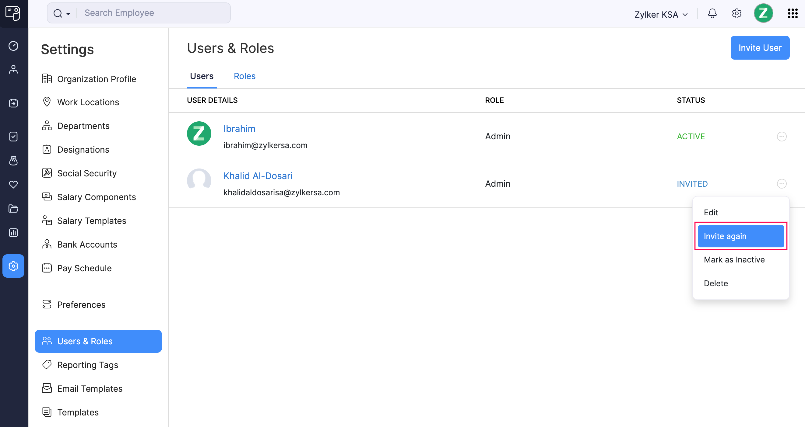 Re-invite a User in Zoho Payroll