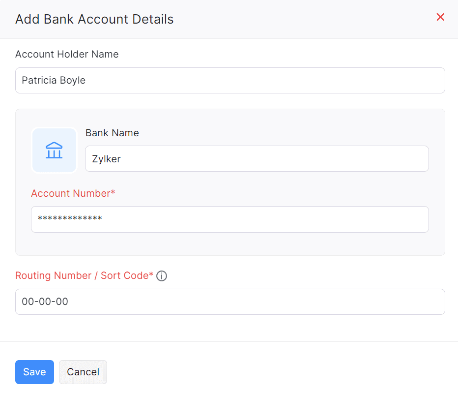 Add bank account details