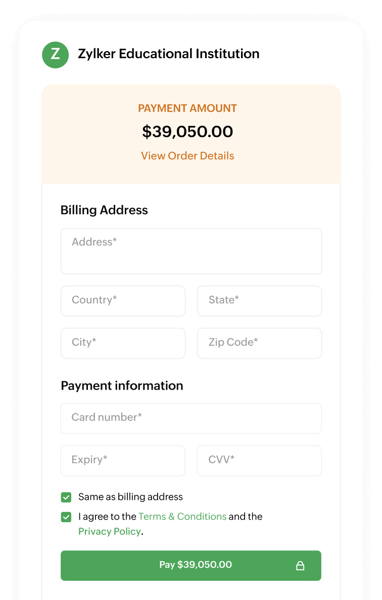 Zoho Billing - Hosted Payment Pages A checkout page to collect customers' payment information securely | Zoho Billing